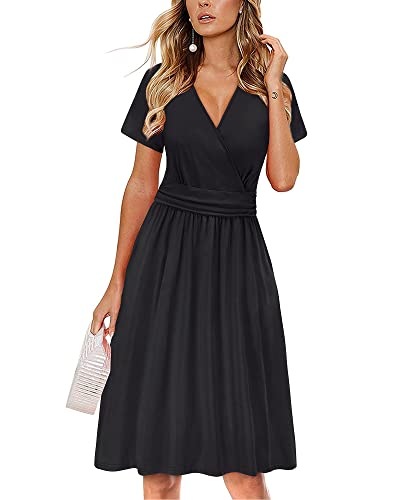 OUGES Damen Sommerkleid Kurzarm V-Ausschnitt Knielang Midi Kleid mit Taschen(Schwarz, XL) von OUGES
