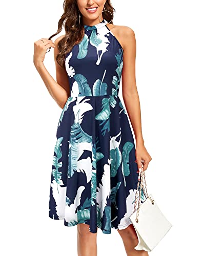 OUGES Sommerkleid Damen Knielang Neckholder Kleid Sommer Blumenmuster Elegant Cocktailkleid von OUGES