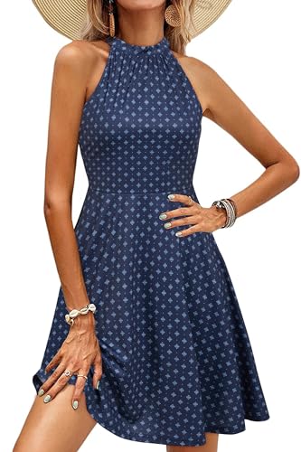 OUGES Damen Sommerkleid Neckholder Ärmellos A-Linie Kleider Blumenmuster Baumwolle Kleid Knielang Cocktailkleid（Floral-11，L） von OUGES