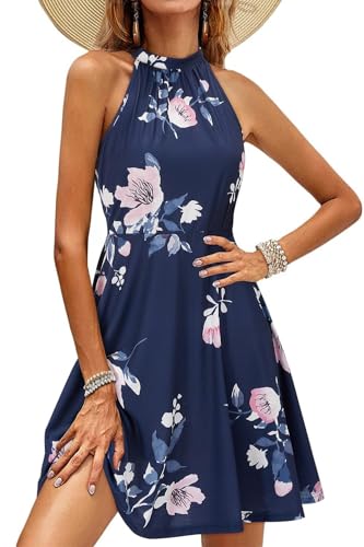 OUGES Damen Sommerkleid Neckholder Ärmellos A Linie Kleider Blumenmuster Baumwolle Kleid Knielang Cocktailkleid(Floral-40,S) von OUGES