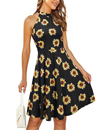 OUGES Sommerkleid Damen Knielang Neckholder Kleid Sommer Blumenmuster Elegant Cocktailkleid von OUGES