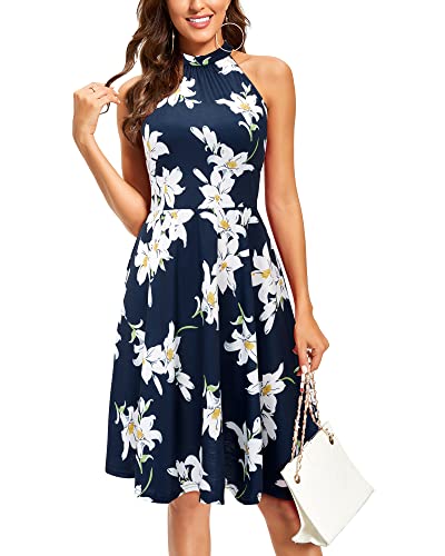 OUGES Sommerkleid Damen Knielang Neckholder Kleid Sommer Blumenmuster Elegant Cocktailkleid von OUGES