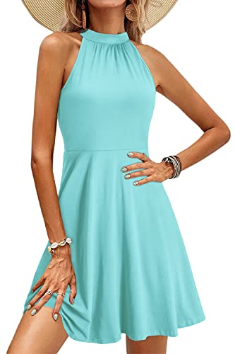 OUGES Damen Sommerkleid Neckholder Ärmellos A Linie Kleider Blumenmuster Baumwolle Kleid Knielang Cocktailkleid(Grün03,M) von OUGES