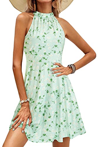 OUGES Damen Sommerkleid Neckholder Ärmellos A Linie Kleider Blumenmuster Baumwolle Kleid Knielang Cocktailkleid(Z30,L) von OUGES