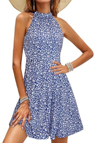 OUGES Sommerkleid Damen Knielang Neckholder Kleid Sommer Blumenmuster Elegant Cocktailkleid von OUGES