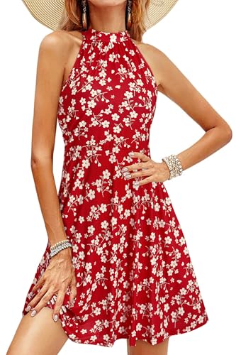 OUGES Sommerkleid Damen Knielang Neckholder Kleid Sommer Blumenmuster Elegant Cocktailkleid von OUGES