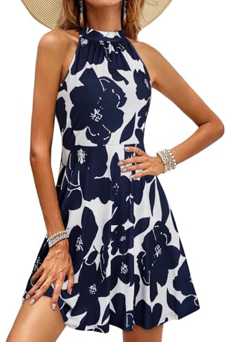 OUGES Sommerkleid Damen Knielang Neckholder Kleid Sommer Blumenmuster Elegant Cocktailkleid von OUGES