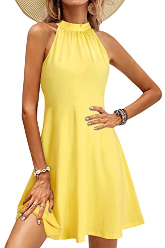 OUGES Damen Sommerkleid Neckholder Ärmellos A Linie Kleider Einfarbig Baumwolle Kleid Knielang Cocktailkleid(Gelb,L) von OUGES