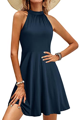 OUGES Damen Sommerkleid Neckholder Ärmellos A Linie Kleider Einfarbig Baumwolle Kleid Knielang Cocktailkleid(Navy,M) von OUGES