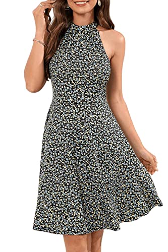 OUGES Sommerkleid Damen Knielang Neckholder Kleid Sommer Blumenmuster Elegant Cocktailkleid von OUGES