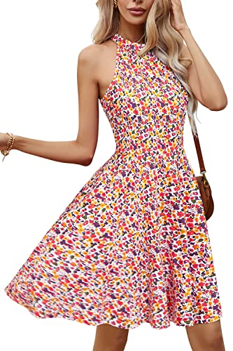 OUGES Sommerkleid Damen Knielang Neckholder Kleid Sommer Blumenmuster Elegant Cocktailkleid von OUGES