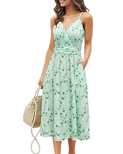 OUGES Sommerkleid Damen Knielang Kleider Sommer Spaghettiträger V-Ausschnitt Kleid Midikleid mit Taschen(FloralW-452, S) von OUGES