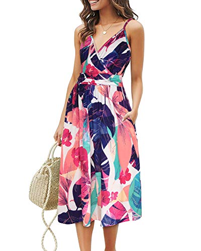 OUGES Sommerkleid Damen Knielang Kleider Sommer Spaghettiträger V-Ausschnitt Kleid mit Taschen(FloralJ-452, XXL) von OUGES