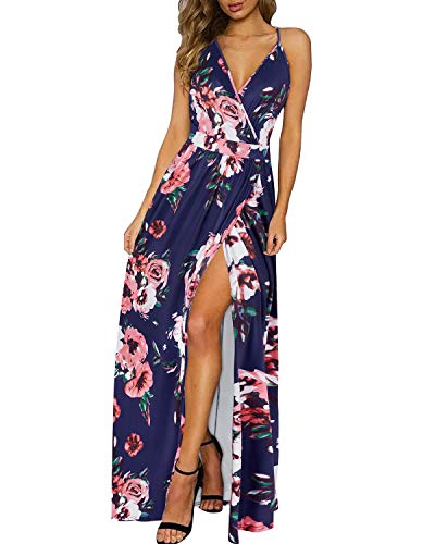 OUGES Damen Sommerkleid V-Ausschnitt Maxikleid Rückenfreies High Waist Spaghetti Strap Freizeitkleid Lang Split Kleider(Floral12,S) von OUGES