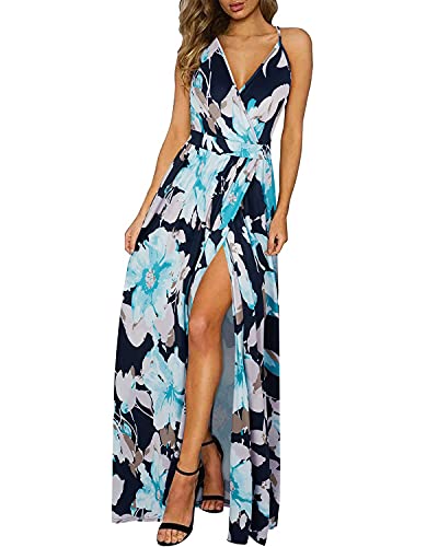 OUGES Damen Sommerkleid V-Ausschnitt Maxikleid Rückenfreies High Waist Spaghetti Strap Freizeitkleid Lang Split Kleider(Floral13,L) von OUGES