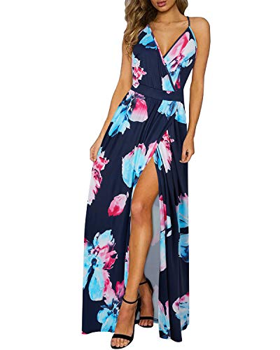 OUGES Damen Sommerkleid V-Ausschnitt Maxikleid Rückenfreies High Waist Spaghetti Strap Freizeitkleid Lang Split Kleider(Floral14,XL) von OUGES