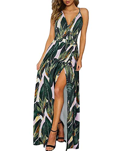 OUGES Damen Sommerkleid V-Ausschnitt Maxikleid Rückenfreies High Waist Spaghetti Strap Freizeitkleid Lang Split Kleider(Floral15,M) von OUGES