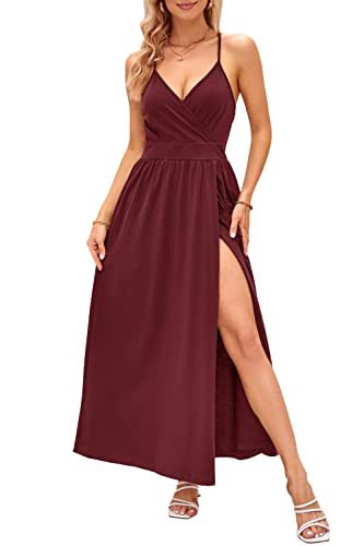 OUGES Damen Sommerkleid V-Ausschnitt Maxikleid Rückenfreies High Waist Spaghetti Strap Freizeitkleid Lang Split Kleider(Dunkelrot,XXL) von OUGES