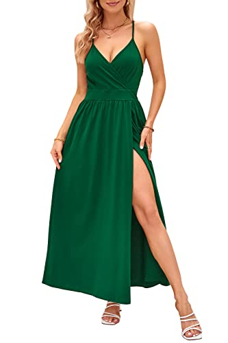 OUGES Damen Sommerkleid V-Ausschnitt Maxikleid Rückenfreies High Waist Spaghetti Strap Freizeitkleid Lang Split Kleider(Grün,S) von OUGES