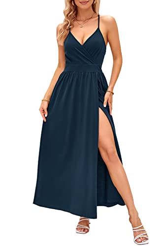 OUGES Damen Sommerkleid V-Ausschnitt Maxikleid Rückenfreies High Waist Spaghetti Strap Freizeitkleid Lang Split Kleider(Marine,L) von OUGES