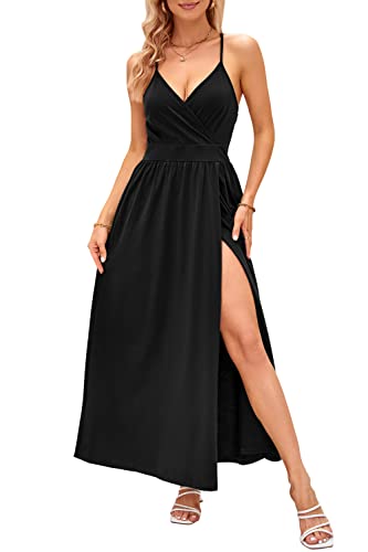 OUGES Damen Sommerkleid V-Ausschnitt Maxikleid Rückenfreies High Waist Spaghetti Strap Freizeitkleid Lang Split Kleider(Schwarz,XXL) von OUGES