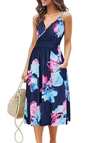 OUGES Sommerkleid Damen Knielang Kleider Sommer Spaghettiträger V-Ausschnitt Kleid Midikleid mit Taschen(Floral01-452, L) von OUGES