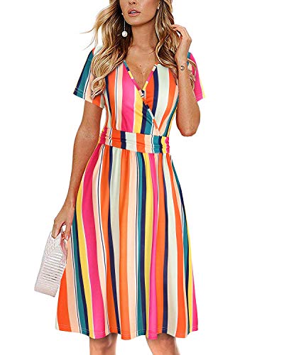 OUGES Damen Sommerkleid Kurzarm V-Ausschnitt Knielang Blumenmuster Midi Kleid mit Taschen（FloralV, L） von OUGES