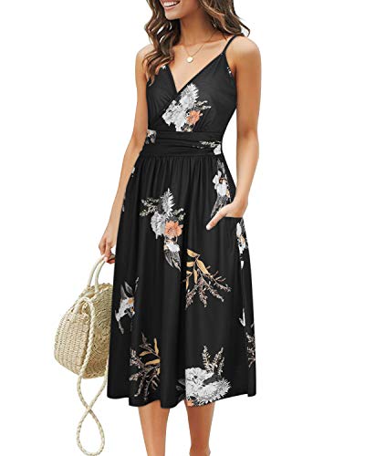 OUGES Sommerkleid Damen Knielang Kleider Sommer Spaghettiträger V-Ausschnitt Kleid Midikleid mit Taschen(Floral03-452, M) von OUGES