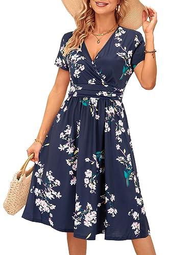 OUGES Damen Sommerkleid Kurzarm V-Ausschnitt Knielang Blumenmuster Midi Kleid mit Taschen Florals von OUGES