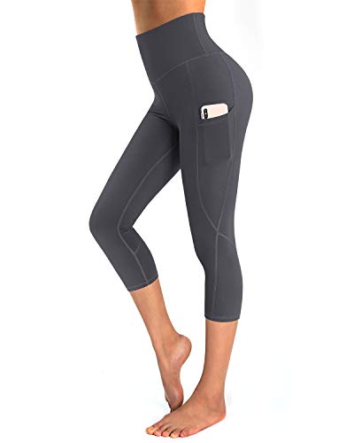 OUGES Damen Sport Leggings 3/4 High Waist Capris Leggins Yogahose Blickdichte Sporthose mit Taschen (Dunkelgrau-20inch,L) von OUGES