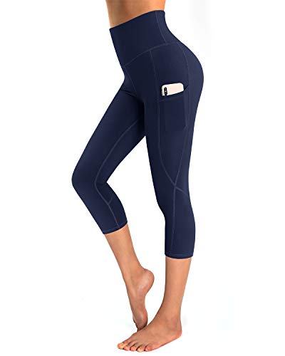 OUGES Damen Sport Leggings 3/4 High Waist Capris Leggins Yogahose Blickdichte Sporthose mit Taschen (Navy-20inch,M) von OUGES