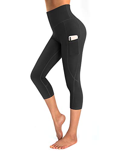 OUGES Damen Sport Leggings 3/4 High Waist Capris Leggins Yogahose Blickdichte Sporthose mit Taschen (Schwarz-20inch,M) von OUGES