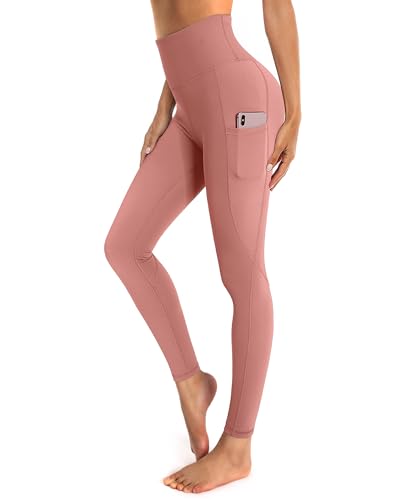 OUGES Damen Sport Leggings High Waist Leggins Yogahose Blickdichte Sporthose mit Taschen (Bohnenpaste Rose,L) von OUGES