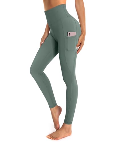 OUGES Damen Sport Leggings High Waist Leggins Yogahose Blickdichte Sporthose mit Taschen (Hellgrün,L) von OUGES