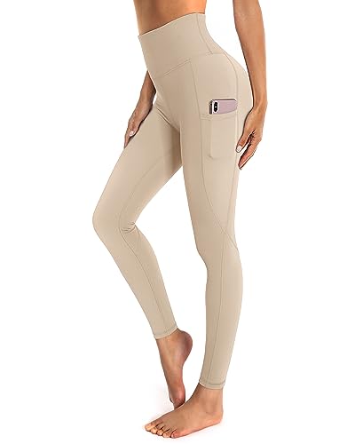 OUGES Damen Sport Leggings High Waist Leggins Yogahose Blickdichte Sporthose mit Taschen (Khaki,L) von OUGES