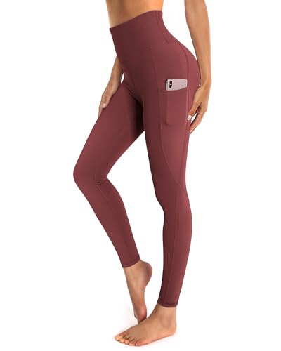 OUGES Damen Sport Leggings High Waist Leggins Yogahose Blickdichte Sporthose mit Taschen (Rot,L) von OUGES