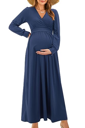 OUGES Damen Stillkleid Maxi Umstandskleid Festlich Lange Ärmel Wrap V Neck Schwangerschaftskleid für Fotoshooting -L von OUGES