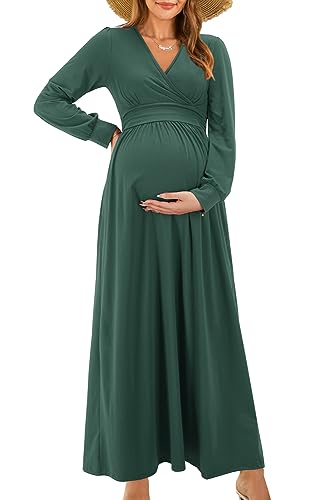 OUGES Damen Stillkleid Maxi Umstandskleid Festlich Lange Ärmel Wrap V Neck Schwangerschaftskleid für Fotoshooting -M von OUGES