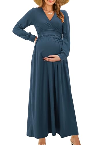 OUGES Damen Stillkleid Maxi Umstandskleid Festlich Lange Ärmel Wrap V Neck Schwangerschaftskleid für Fotoshooting -S von OUGES