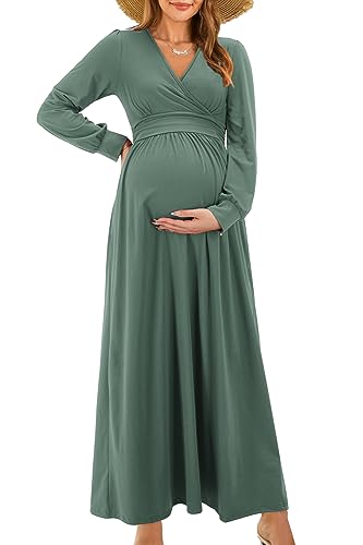 OUGES Damen Stillkleid Maxi Umstandskleid Festlich Lange Ärmel Wrap V Neck Schwangerschaftskleid für Fotoshooting -S von OUGES