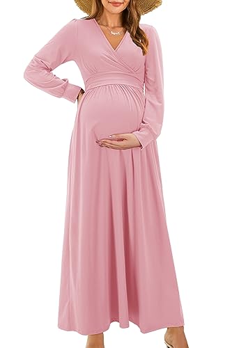 OUGES Damen Stillkleid Maxi Umstandskleid Festlich Lange Ärmel Wrap V Neck Schwangerschaftskleid für Fotoshooting -XL von OUGES