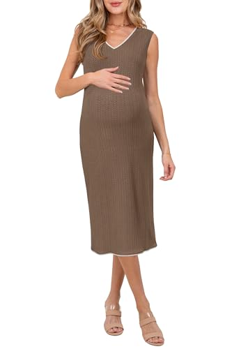 OUGES Damen Stillkleid Sommer V-Ausschnitt Ärmellos Umstandskleid Festlich Kleider für Schwangere Umstandsmode-XXL von OUGES
