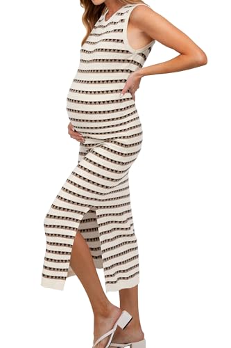 OUGES Damen Stillkleid festlich Umstandskleid Lang Ärmellos Schwangerschaftskleid Umstandsmode Kleid mit Seitenschlitz -M von OUGES