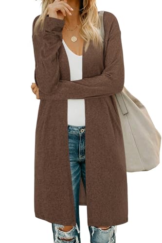 OUGES Damen Langarm Strickjacke Lang Leicht Cardigan Casual Strickmantel mit Taschen(Braun,L) von OUGES