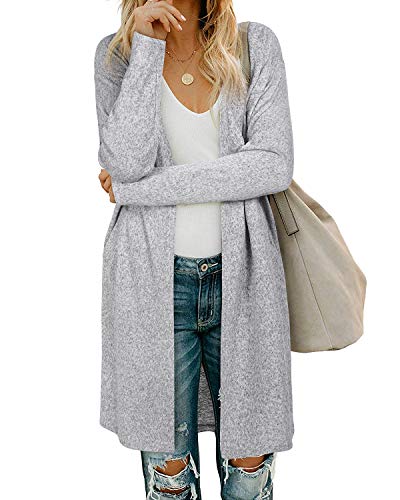 OUGES Damen Strickjacke Lang Leicht Cardigan Strickmantel mit Taschen(Hellgrau,M) von OUGES