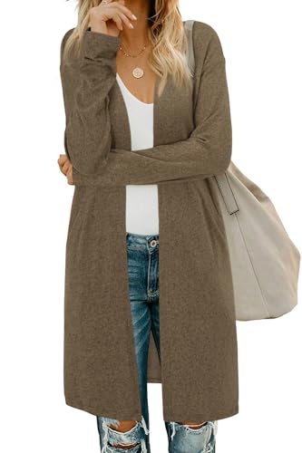 OUGES Damen Langarm Strickjacke Lang Leicht Cardigan Casual Strickmantel mit Taschen(Kaffee,S) von OUGES