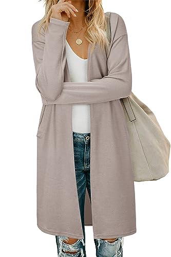 OUGES Damen Langarm StrickjackeLang Leicht Cardigan Casual Strickmantel mit Taschen（Kamel，M） von OUGES