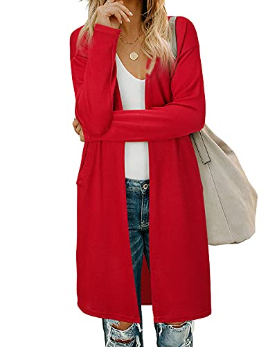 OUGES Strickjacken füR Damen Lang Cardigan Elegante Leicht Strickjacke Herbst Strickjackenpullover mit Taschen M von OUGES