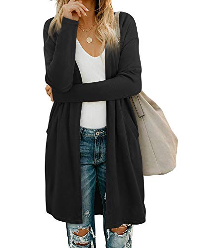 OUGES Damen Strickjacke Lang Leicht Cardigan Strickmantel mit Taschen(Schwarz,M) von OUGES