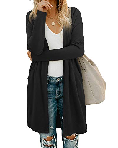 OUGES Schwarze Strickjacken füR Damen Lang Cardigan Elegante Leicht Strickjacke Herbst Strickjackenpullover mit Taschen XL von OUGES